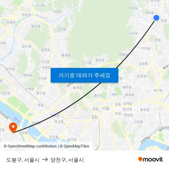 도봉구, 서울시 to 양천구, 서울시 map