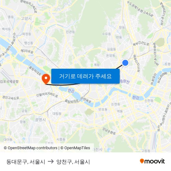 동대문구, 서울시 to 양천구, 서울시 map