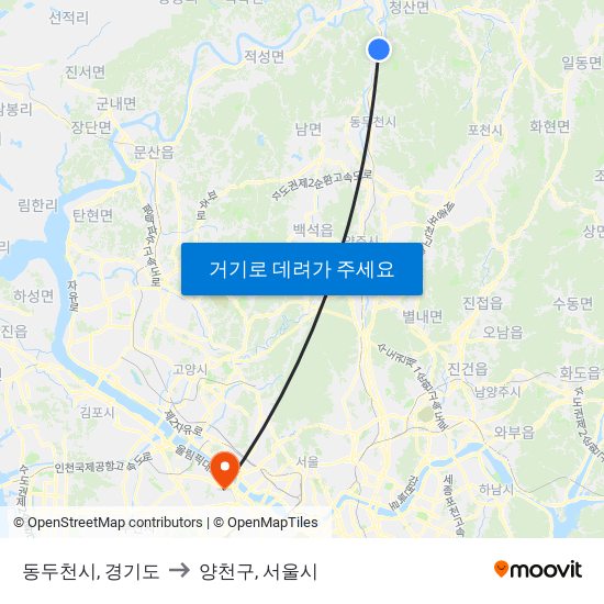 동두천시, 경기도 to 양천구, 서울시 map