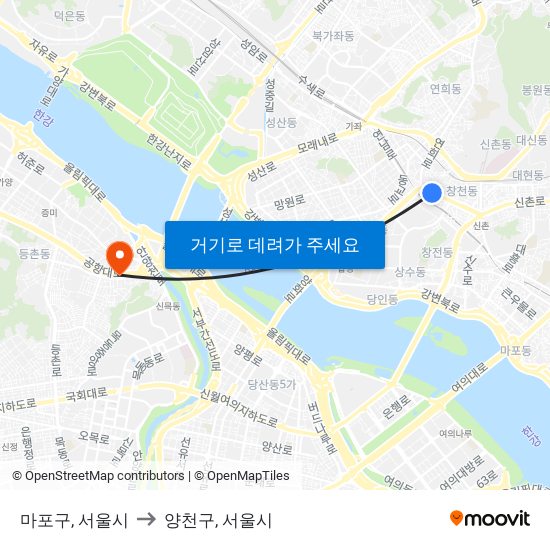 마포구, 서울시 to 양천구, 서울시 map