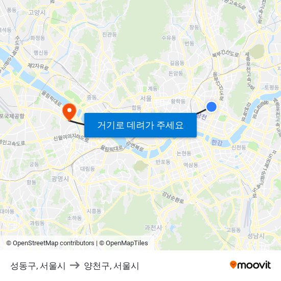 성동구, 서울시 to 양천구, 서울시 map