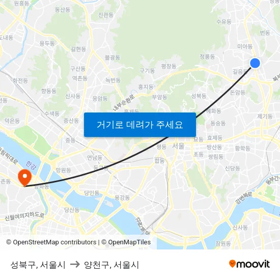 성북구, 서울시 to 양천구, 서울시 map