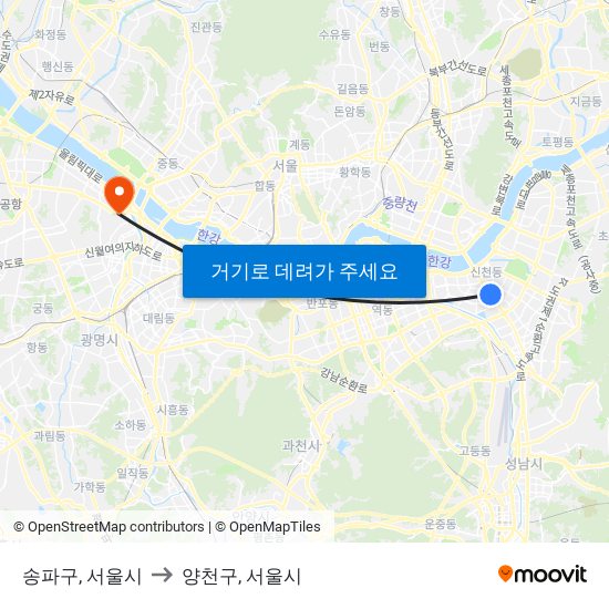 송파구, 서울시 to 양천구, 서울시 map