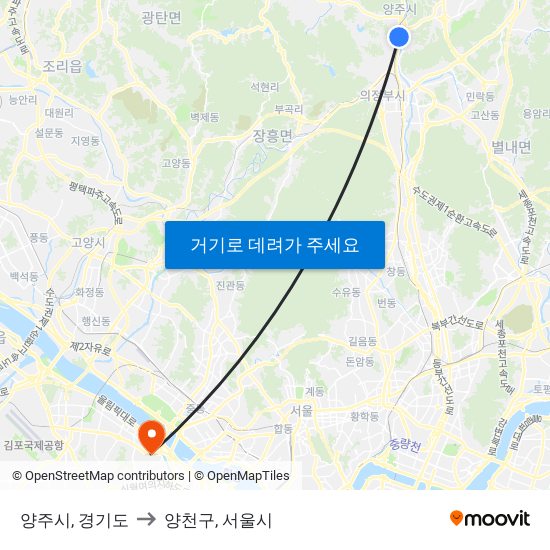 양주시, 경기도 to 양천구, 서울시 map