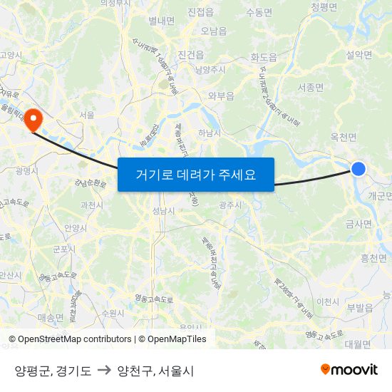 양평군, 경기도 to 양천구, 서울시 map