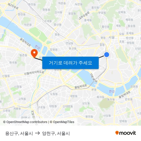 용산구, 서울시 to 양천구, 서울시 map