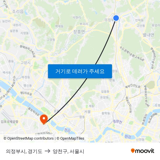 의정부시, 경기도 to 양천구, 서울시 map