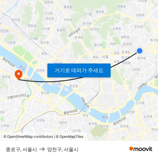 종로구, 서울시 to 양천구, 서울시 map