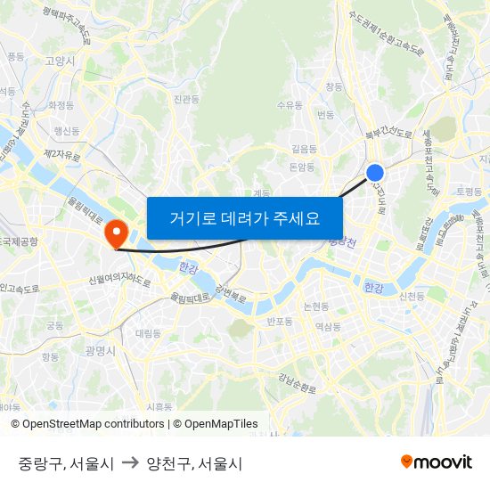 중랑구, 서울시 to 양천구, 서울시 map