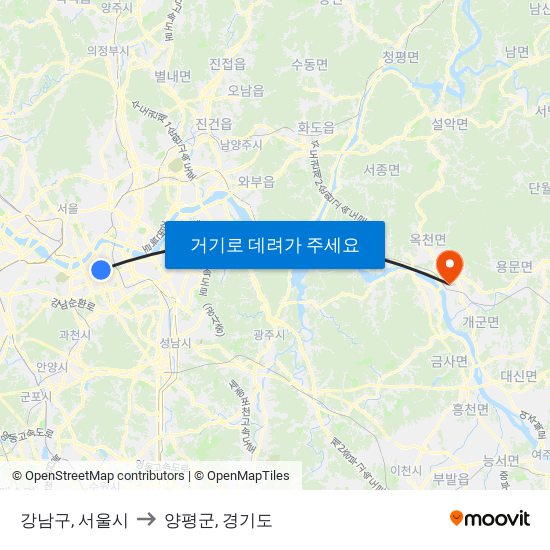 강남구, 서울시 to 양평군, 경기도 map