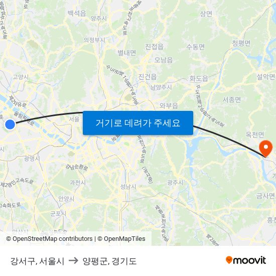 강서구, 서울시 to 양평군, 경기도 map