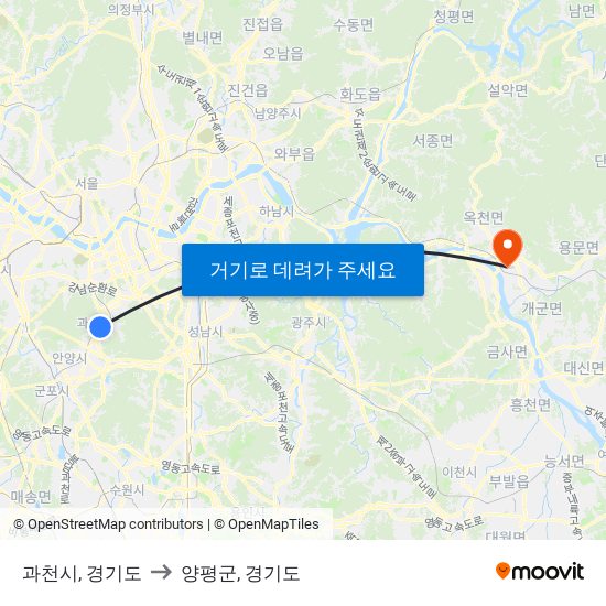 과천시, 경기도 to 양평군, 경기도 map