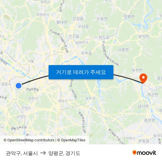 관악구, 서울시 to 양평군, 경기도 map