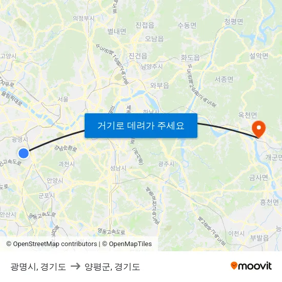 광명시, 경기도 to 양평군, 경기도 map