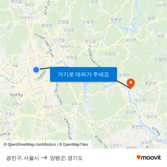 광진구, 서울시 to 양평군, 경기도 map