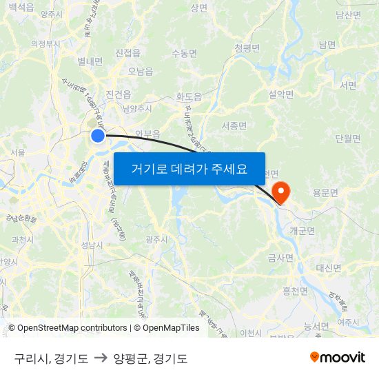 구리시, 경기도 to 양평군, 경기도 map