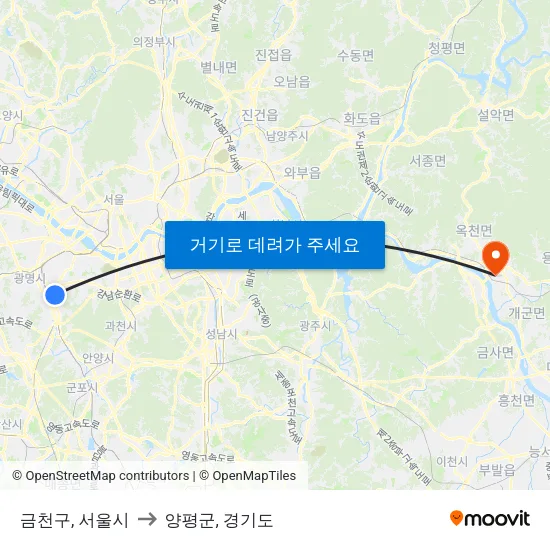 금천구, 서울시 to 양평군, 경기도 map