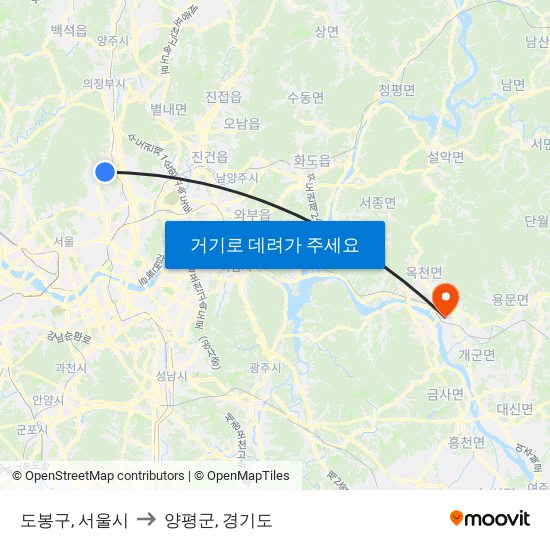 도봉구, 서울시 to 양평군, 경기도 map