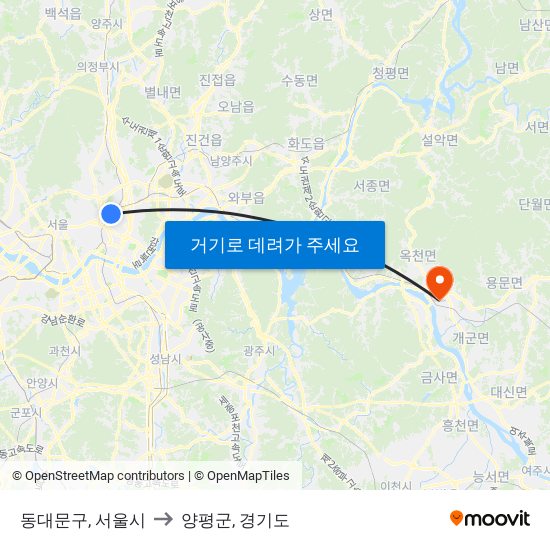 동대문구, 서울시 to 양평군, 경기도 map