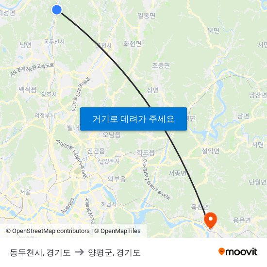 동두천시, 경기도 to 양평군, 경기도 map