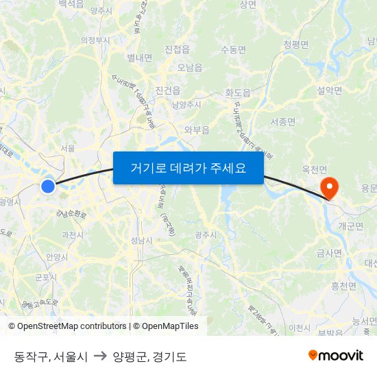 동작구, 서울시 to 양평군, 경기도 map