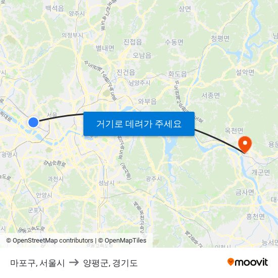 마포구, 서울시 to 양평군, 경기도 map