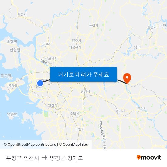 부평구, 인천시 to 양평군, 경기도 map