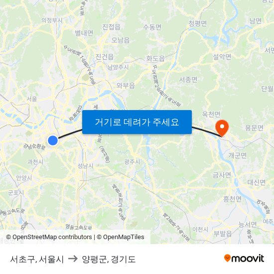 서초구, 서울시 to 양평군, 경기도 map