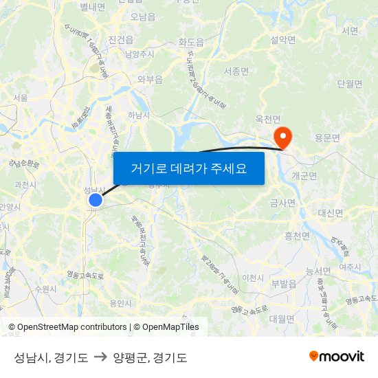 성남시, 경기도 to 양평군, 경기도 map