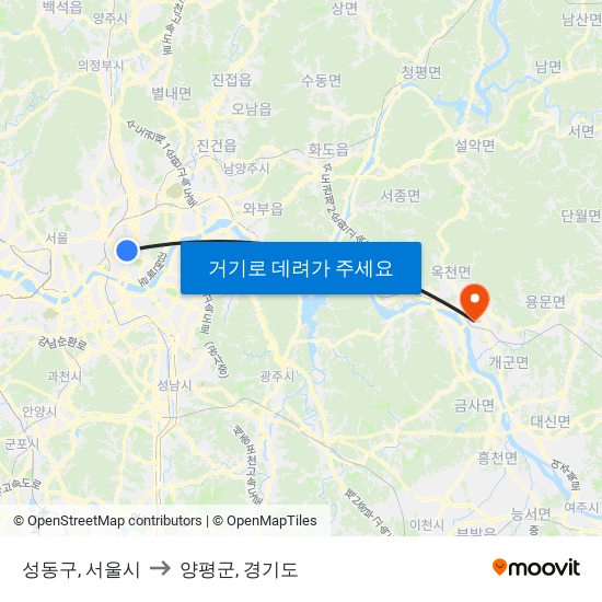 성동구, 서울시 to 양평군, 경기도 map