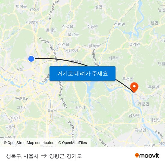 성북구, 서울시 to 양평군, 경기도 map