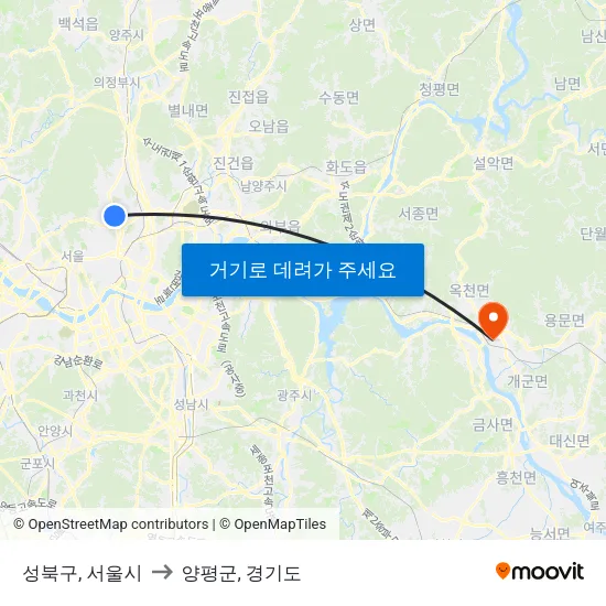 성북구, 서울시 to 양평군, 경기도 map