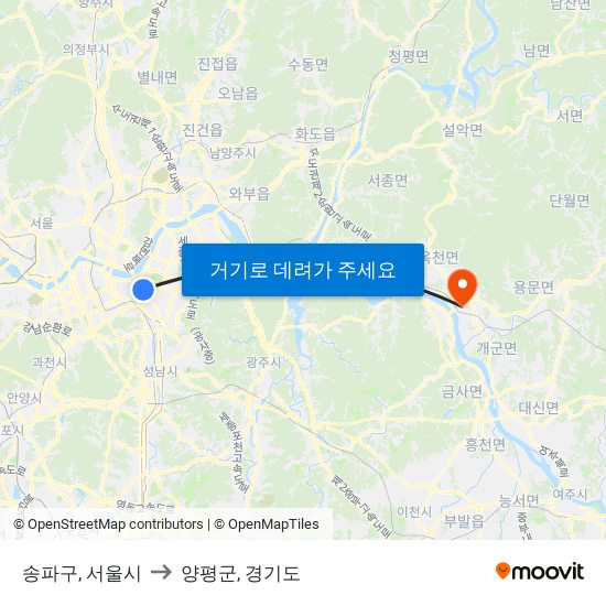 송파구, 서울시 to 양평군, 경기도 map