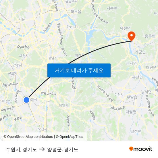 수원시, 경기도 to 양평군, 경기도 map