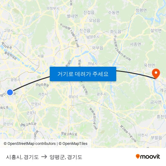 시흥시, 경기도 to 양평군, 경기도 map