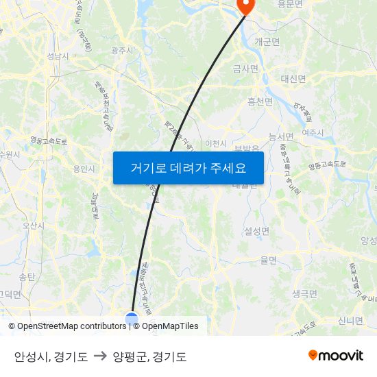 안성시, 경기도 to 양평군, 경기도 map