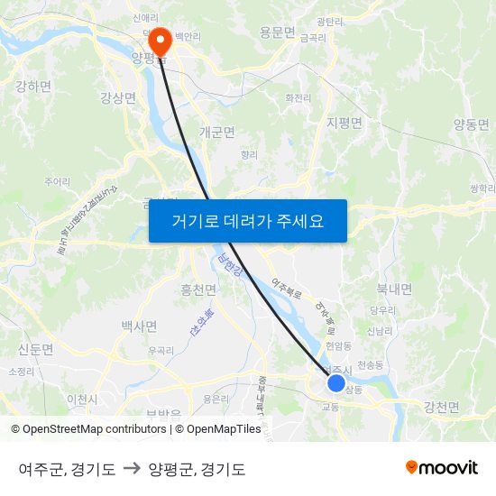 여주군, 경기도 to 양평군, 경기도 map