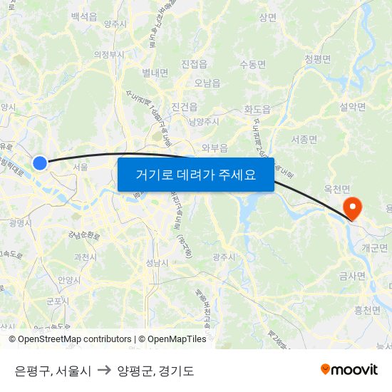 은평구, 서울시 to 양평군, 경기도 map