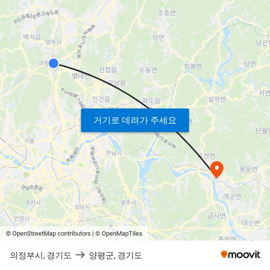 의정부시, 경기도 to 양평군, 경기도 map