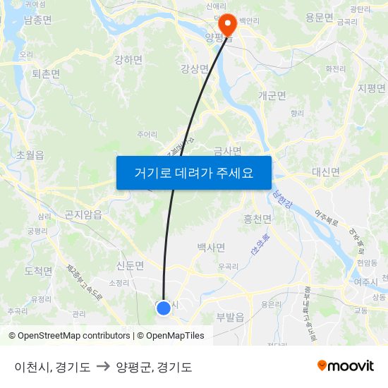 이천시, 경기도 to 양평군, 경기도 map