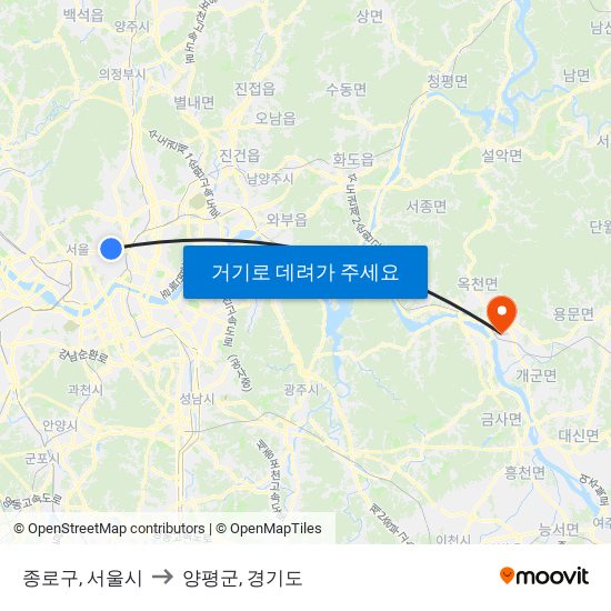 종로구, 서울시 to 양평군, 경기도 map