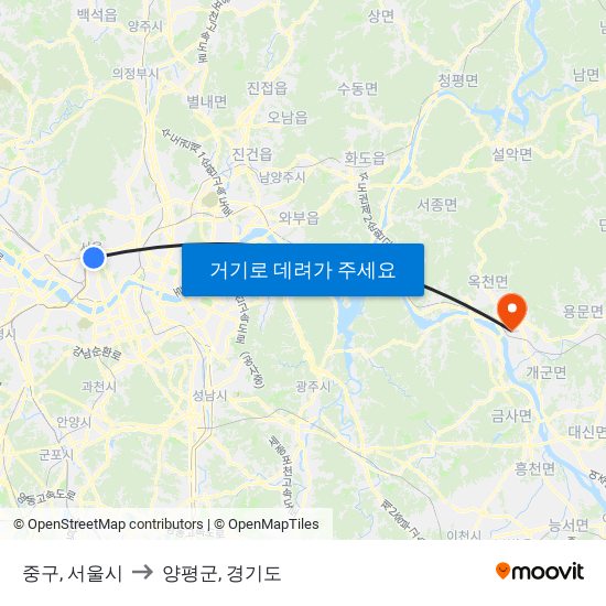 중구, 서울시 to 양평군, 경기도 map