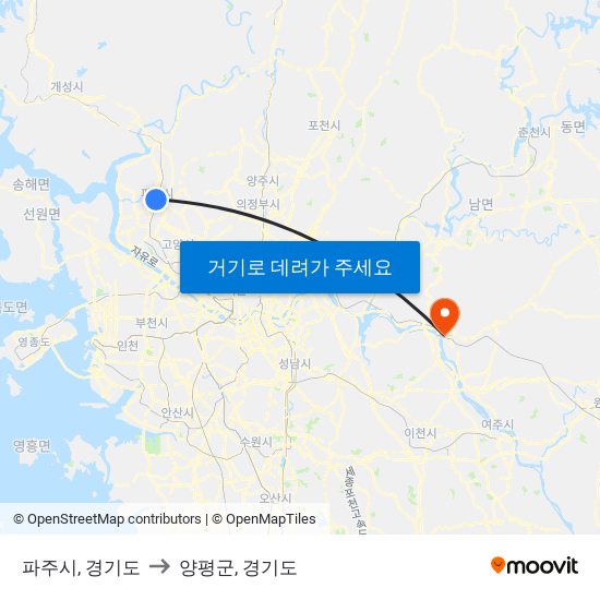 파주시, 경기도 to 양평군, 경기도 map