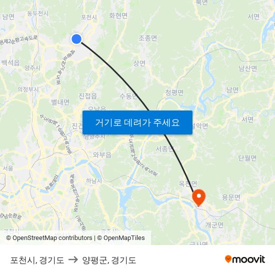 포천시, 경기도 to 양평군, 경기도 map