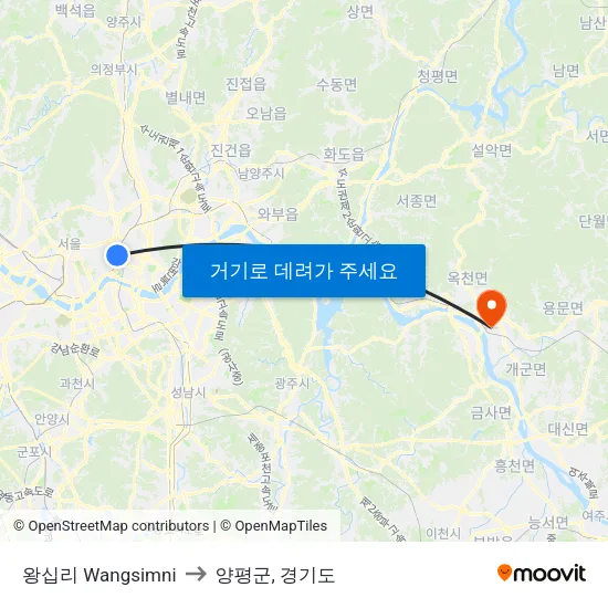 왕십리 Wangsimni to 양평군, 경기도 map