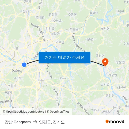 강남 Gangnam to 양평군, 경기도 map