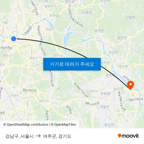 강남구, 서울시 to 여주군, 경기도 map