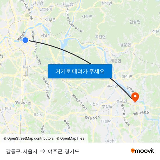 강동구, 서울시 to 여주군, 경기도 map