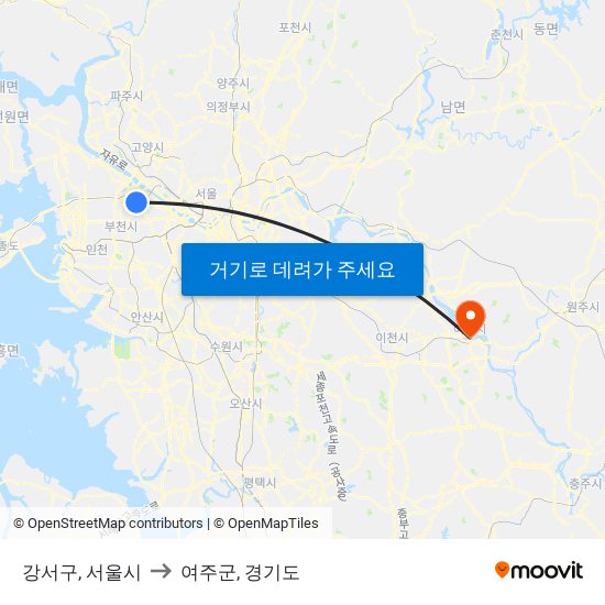 강서구, 서울시 to 여주군, 경기도 map