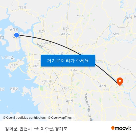 강화군, 인천시 to 여주군, 경기도 map